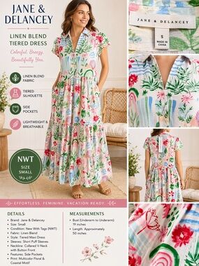 Jane & Delancey NWT Linen Blend Tiered Maxi Dress with Pockets Size Small